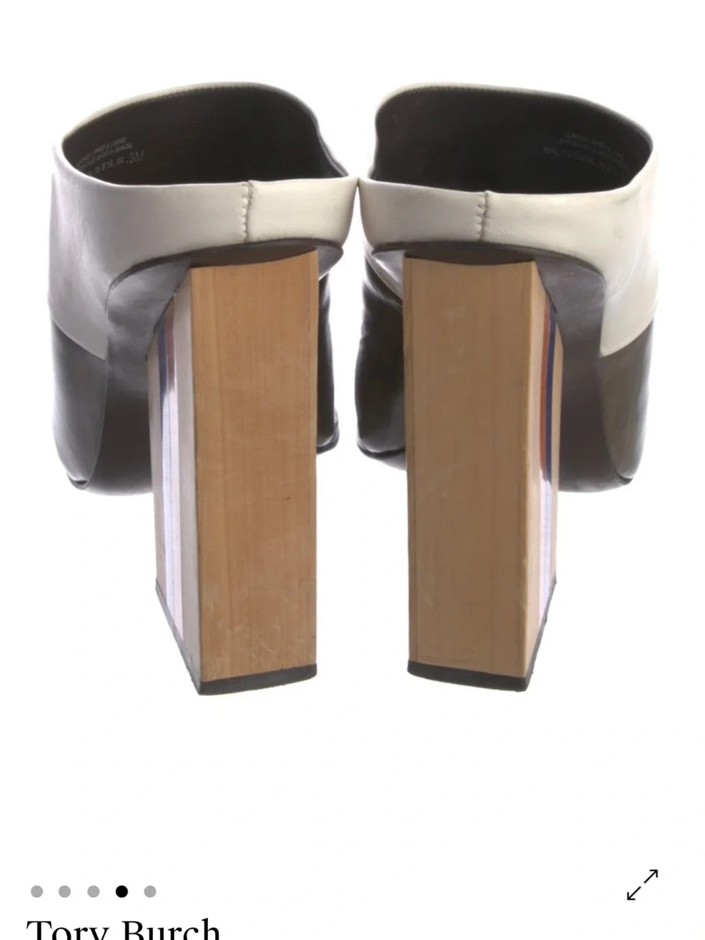 Tory Burch White, Black & Wood Block Heel Sandal with Blue and Orange Stripes